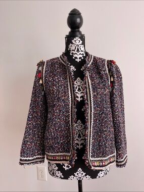 Zara Multicolor Tweed Jacket with Red & Navy Accents